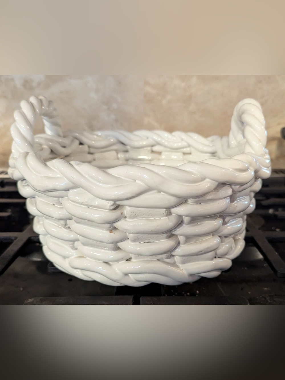 Glossy White Ceramic Basket Weave Bowl